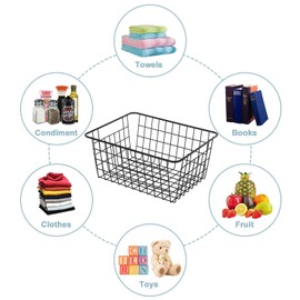 JUNCHU CHERRY 【Extra Large】Wire Storage Organization Basket 4 Pack, Perfect Kitchen Pantry Organization Storage Basket,Laundry Basket,Suitable for Countertop, Kitchen, Bedroom, Bathroom,Black