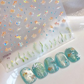 Summer Ocean Nail Stickers 3D Fish Nail Art Sticker Decal Glitter Seaweed Fish Nail Design for Women and Girls Summer Manicute Decor
