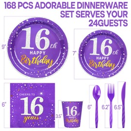 16th Birthday Party Supplies Disposable Paper Plates Napkins Cups Knives Spoons Forks for Men women Purple and Silver 16 Birthday Party Decorations, Total 168pcs,Serve 24