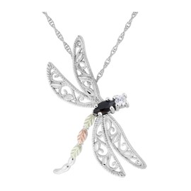 Onyx and CZ Dragonfly Necklace, Sterling Silver, 12k Rose and Green Black Hills Gold 18 Inches 18 and 22 Inches