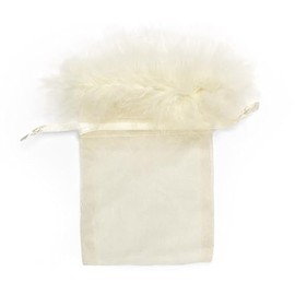 NWP Ivory Feather Trim Sheer Organza Bags With Satin Drawstring - 3in. X 4in. - 10 Pack