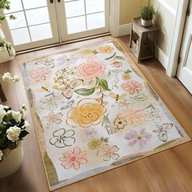 ST. BRIDGE Area Rug for Bedroom 3x5, Washable Rug Non-Slip Beige Boho Floral Rugs for Entryway Kitchen, Low Pile Soft Faux Wool Vintage Throw Rug for Living Room Office Nursery Room