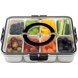 Divided Serving Tray with Lid & Handle - 8 Compartments Snackle Box Charcuterie Container Organizer for Fruit, Candy, Nuts - Portable Serving Platter for Picnic, Party, Holidays and Travel (Black)