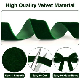KINGLAKE 25mm Dark Green Velvet Ribbon for Gift Wrapping, 25 Yards Thick Ghristmas Ribbon for Xmas Tree Decoration, Hair, Bows Making, Crafts