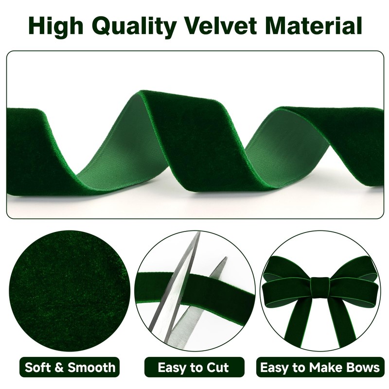 KINGLAKE 25mm Dark Green Velvet Ribbon for Gift Wrapping, 25
