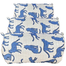 Eyesart Fashion Makeup Bag Large Travel Quilted Cosmetic Makeup Bag Organizer, Cute Floral Cotton Coquette Aesthetic Toiletry Bag for Women Girls Personal Use Blue Leopard Print