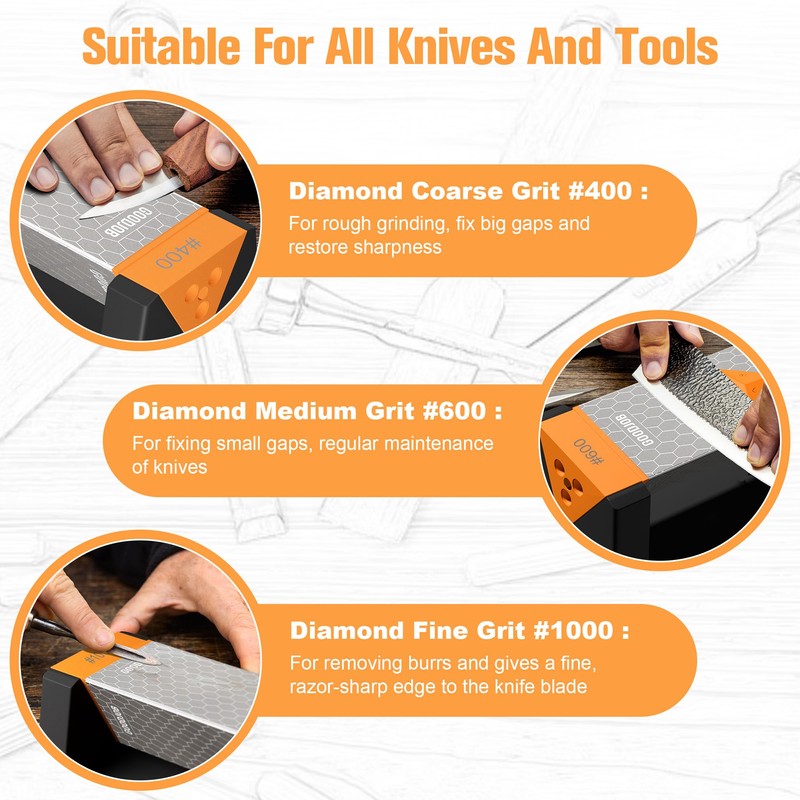 Extra Large Diamond Sharpening Stone Set 3 Side Grit 400/600/1000
