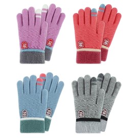 ORVINNER 4 Pairs Kids Gloves Winter Toddler Boys Girls Warm Fleece Lined Gloves Children Thermal Full Finger Knit Gloves (Purple/Grey/Blue/Pink Pack, 1-5 Years)
