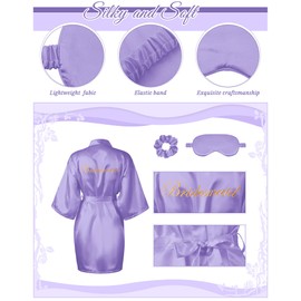 Jecery 7 Pcs Bridesmaid Robe Sets Bride Silk Satin Bridal Party with Sleeping Eye Mask and Elastic Headband(White, Light Purple)