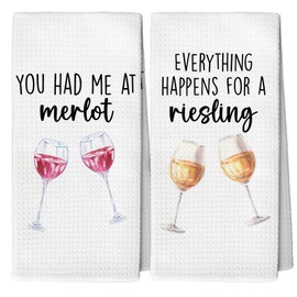 YLZlhb Funny Wine Theme Kitchen Towels Set of 2, Wine Gifts for Women, You Had Me at Merlot Kitchen Towels, Everything Happens for A Riesling Tea Towels Kitchen Hand Towels 16x25 Inch