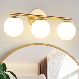 foucasal Globe Bathroom Light Fixtures 3-Light Brass Gold Vanity Light with Plastic Milk White Globe Shades 11.81 inch Wall Sconce Lighting Over Mirror, Vanity Lights for Bathroom Bedroom Hallway
