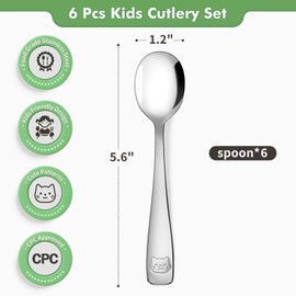 DRKIO Stainless Steel Toddler Spoons Set - 6 Pieces Kids Spoons Set Children Safe Food Grade Kids Silverware Small Spoon Metal Toddler Utensils Dishwasher Safe Mirror Polished