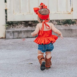 3Pcs/Set Toddler Baby Girl Ruffled Halter Crop Top + Hole Denim Shorts + Headband Summer Outfits Clothes (Orange red, 4-5 Years)