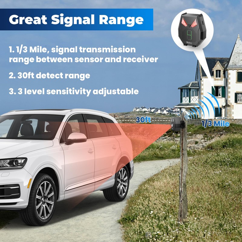 Solar Driveway Alarm Wireless Outside Weatherproof 1/3 Mile Long Range,