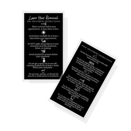 Boutique Marketing Laser Hair Removal Aftercare Cards | 50 Pack | Size 2x3.5 inch inch Business Card | Pre and Post Treatment Instructions | Black with White Design, white, black