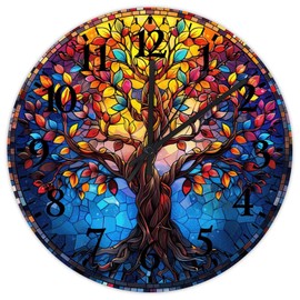 Wood Wall Clock Silent Non-Ticking Large Numbers Battery Operated Tree of Life Stained Glass Botanical Colorful Paintings Wood Clocks Vintage Wall Decor for Entryway Garage Garden 12 Inch