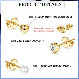 KALVICA 3 Pairs 925 Sterling Silver Stud Earrings Set for Women Girls, Hypoallergenic Stud Earrings Cubic Zirconia Ball Pearl, Small/Tiny Sleeper Cartilage Studs Silver/Gold Size 4MM