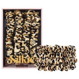 SILKIE x4 Set 100% Pure Mulberry Silk Lepoard print Skinny Scrunchies Travel Pouch Everyday Hair Ties Elastics Hair Care Ponytail Holder No Damage (Savannah)