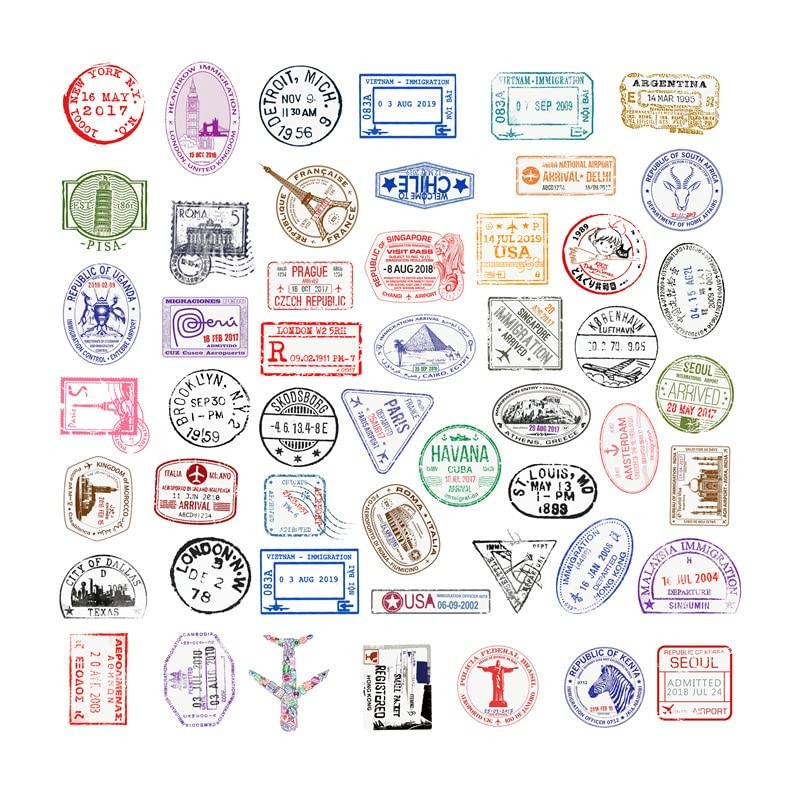 Passport Stamp Stickers, Set of 50, Visa Stamp, Water-Resistant Stickers,