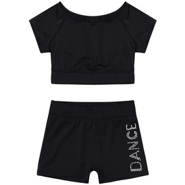 TACKTIMES 2Pcs Kids Girls Dance Sleeveless Crop Top with Shorts Outfit Set for Athletic Leotard Dancing Swimming Gymnastics Dancewear (3-4, Dance-Black)