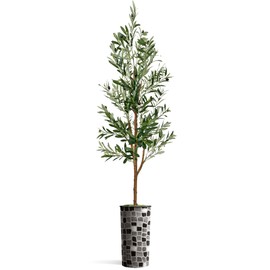 Artificial Tree in Modern Geometric Pattern Planter, Fake Olive Silk Tree for Indoor and Outdoor Home Decoration - 68" Overall Tall (Plant Pot Plus Tree)