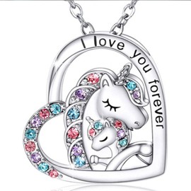 Yienate Unicorn Necklace Choker Rainbow Crystal Unicorn Pendant Necklace Charm Silver Heart Crystal Necklace Chain Mother Daughter Necklace Jewellery Gift for Women Girls, Metal Material, Rhinestone,