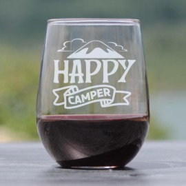 Hand Engraved 17oz Stemless Wine Glass, Happy Camper Design, Perfect for Outdoor Lovers, Etched Mountain Scene, Unique Idea