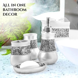 Crackled Glass Silver Bathroom Accessories Set - 6 Piece Bathroom Set Includes: Toilet Brush and Holder Set, Tissue Box Cover, Toothbrush Holder, Soap Dispenser, Soap Dish & Tumbler