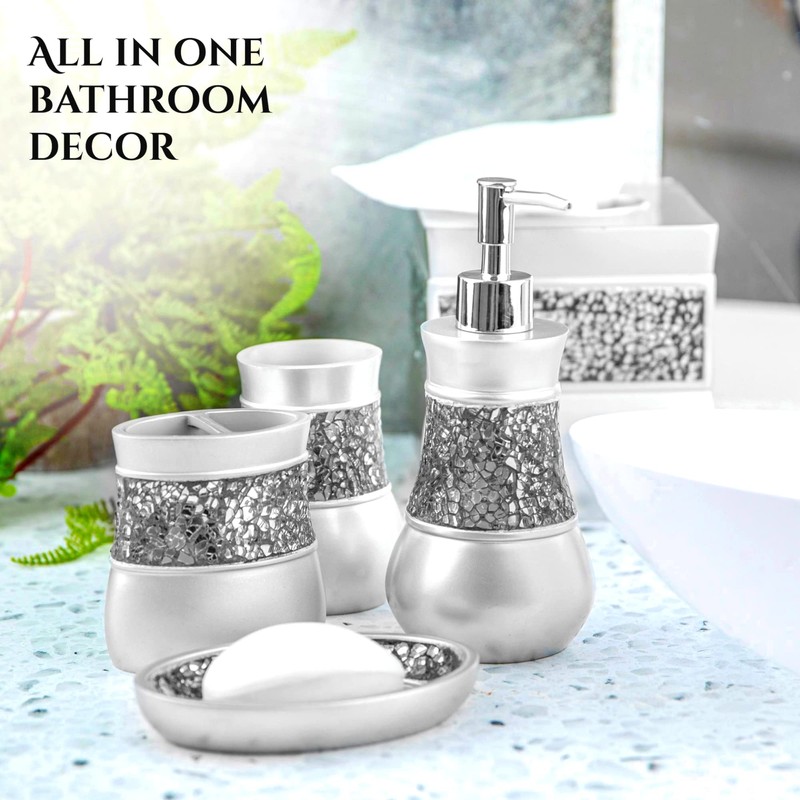 Crackled Glass Silver Bathroom Accessories Set - 6 Piece Bathroom