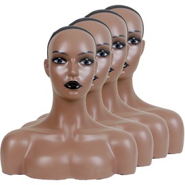 KimRuima 4pcs Realistic Wig Mannequin Head Wig Head with Shoulders Display Stands for Wig Hat Scarf Pendant Sunglasses Earrings JRM00101-4 (Dark Brown with Black Lip)
