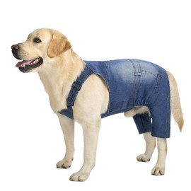Miaododo Medium Large Dog Jeans Jumpsuit Overall for Dogs,Dog Denim Clothes Costumes for All-Purpose,Blue Vintage Washed Dog Pants Classic Jacket