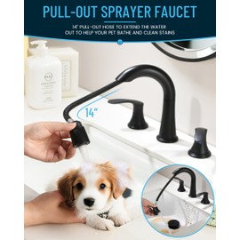 FROPO Bathroom Faucet with Pull Out Sprayer, Matte Black 3 Hole Basic Sink Faucet with 360 Swivel Widespread Spout, 14'' Pull Down Hose & Pop-Up Drain for Bathroom Kitchen Rv Lavatory Vanity Sink