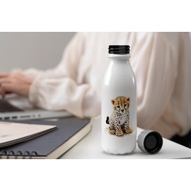 MAXIKIWI Einwandige Wasserflasche mit Schraubverschluss, nicht isoliert, leichtes Aluminium, BPA-frei, auslaufsicher, Baby-Geparden-Aquarell, 500 ml