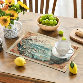 Japanese Placemats Set of 4 Rustic Mount Table Mats Cherry Blossoms Place Mats Decor Imitation Linen Heat Resistant Vintage Tablecloth for Dining Decoration Kitchen Party Restaurants 12''x18''