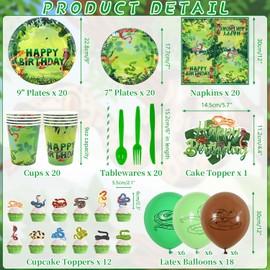KEFAN Snake Birthday Party Decorations, Snake Theme Party Tableware Supplies including HAPPY BIRTHDAY Banner, Plates, Cups, Napkins, Tablecloth, Balloons for Snake Birthday Party, Serves 20 (L)