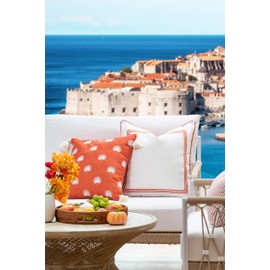 Hofdeco Premium Fall Coastal Patio Indoor Outdoor Pillow Cover Only, 18"x18" Water Repellent for Backyard, Couch, Rust Orange Embroidered Palm Leaf Tassel