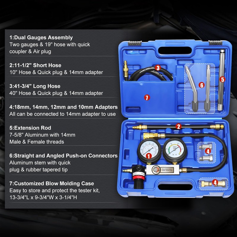 JIFETOR Cylinder Leak Down Tester Kit, Automotive Engine Compression Dual