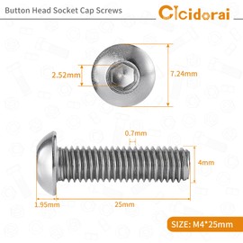Cicidorai M4-0.7 x 25mm Button Head Socket Cap Bolts Screws， 304 Stainless Steel 18-8， Allen Socket Drive， Full Machine Threads, Quantity 50