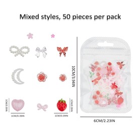 NICENEEDED 100 PCS 3D Pink Red Nail Art Charms, Rose Cherry Butterfly Nail Art Charm, Flatback Heart Bow Decorations for Manicure DIY Crafts Jewelry Accessories