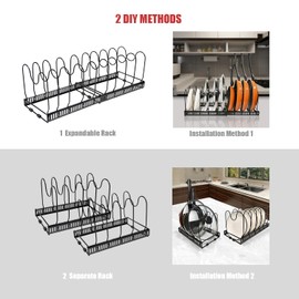 Kusmil Expandable Pots and Pans Lid Organizer Rack, Kitchen Cabinet Pantry Bakeware Organizer Rack Holder with 10 Adjustable Compartments