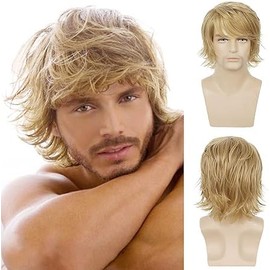 Generic Mens Blonde Wig Short Fluffy Layered Curly Synthetic Hair Wig for Male Adults