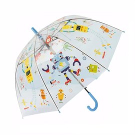 ThreeH Boy Umbrella Shatterproof Fiberglass Shaft Clear View Design Smooth Arc Handle with Cute Robot Prints for Students