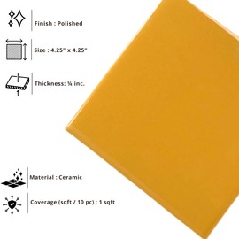 4 in Ceramic Tile Gloss 4 1/4" Box of 10 Pieces for Bathroom Wall and Kitchen Backsplash by Tenedos – Glossy Finish, Classic Look (Mustard Yellow)
