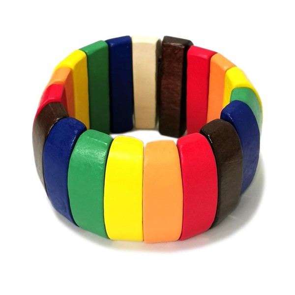 Joiigaem Multicolored Wooden Beads Stretch Bracelet, Wide Chunky Bangle, Elastic