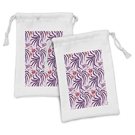 Ambesonne Floral Fabric Pouch Set of 2, Plum Colored Huge Leaves and Pink Dark Pink Fuchsia and Vermilion Flowers, Small Drawstring Bag for Toiletries Masks and Favors, 9" x 6", Multicolor