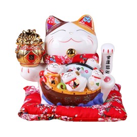 TONGMAN 7" White Ceramic Maneki Neko Lucky Cat Waving Cat, Ornately Decorated Porcelain for Business Opening