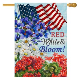 Smilyard 4th of July Blue Flower House Flag Stars and Stripes American Flags Independence Day Red White Bloom Farmhouse Outside Outdoor Decoration 28x40 Inch