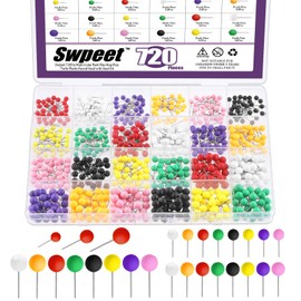 Swpeet 720 Pieces 3 Sizes 1/6 Inch 1/5 Inch 1/4 Inch - 4 mm 5 mm 6 mm Colourful Plastic Ball Round Head Push Pins Tacks with Steel Tip Assortment Kit, Card Tacks Plastic Marking Pins for Bulletin