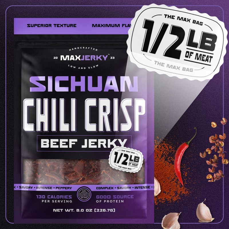 MaxJerky Sichuan Chili Crisp Beef Jerky, 104 Grams of Protein,
