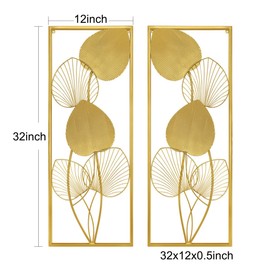 SHUNYABEI Metal Wall Decors Set of 2 Golden Metal Art Wall Sculptures Ruffled Fan Palm Leaf Wall Hanging Decors with Frame for Living Room Bedroom Study Room Home Office (32" X 12")